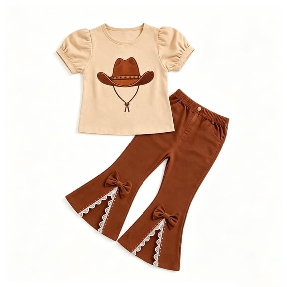 Girls 2 Piece Outfits Western Cowboy Hat Print Puff Short Sleeve Top and Lace Bow Flared Bell Bottom Pants, Kids Casual Matching Outfit for Festival Daily Wear(Coffee,7-8 Years)