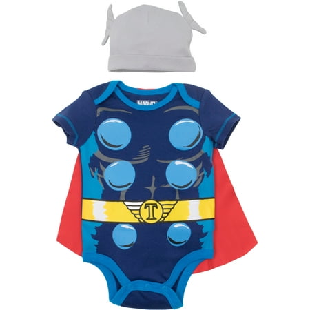Marvel Avengers Thor Baby Boys' Costume Bodysuit with Cape and Hat Blue (3-6