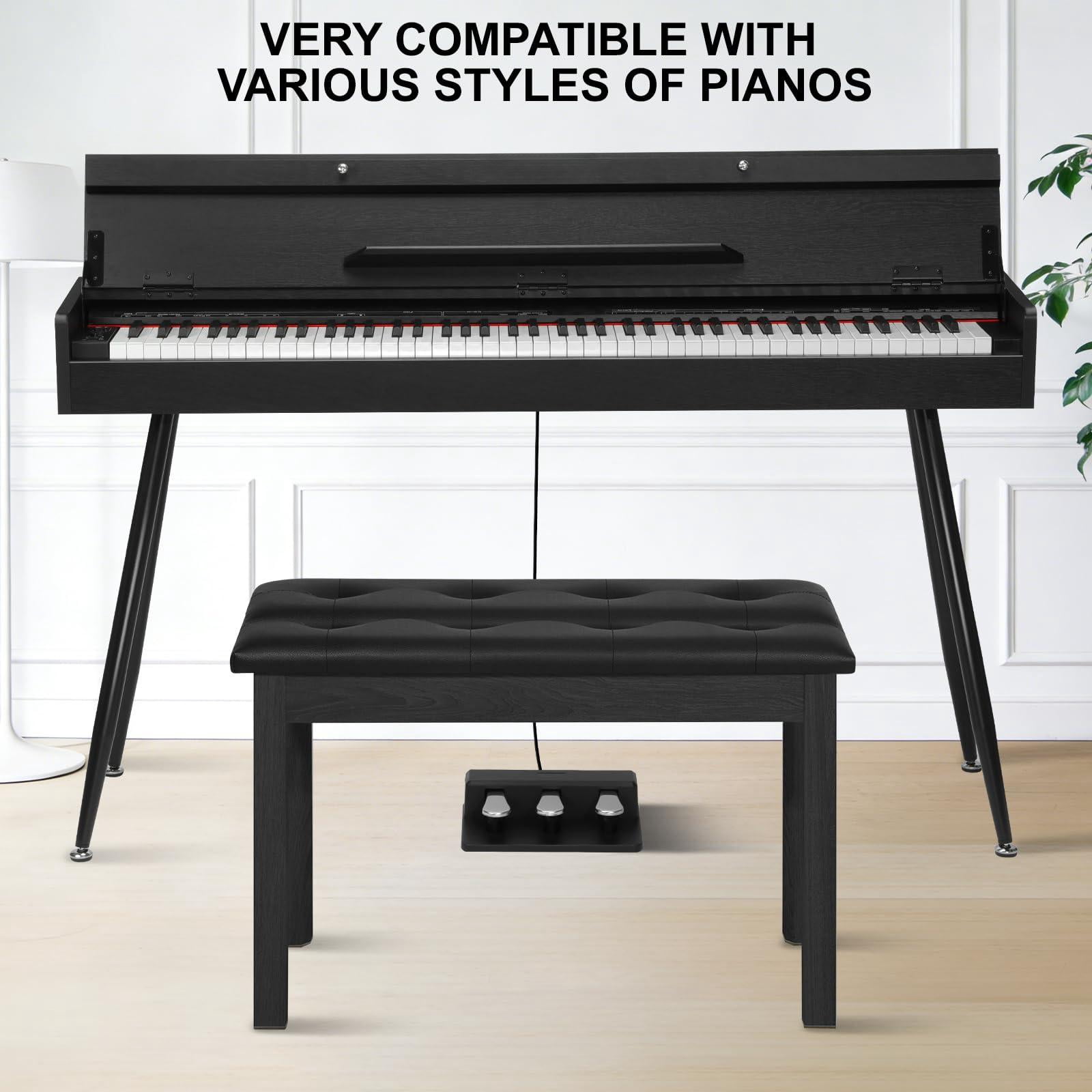 Duet Piano Bench With Storage - Wooden Solid Wood  Tufted Padded Keyboard Stool & Chair Seat Vanity Double (black)