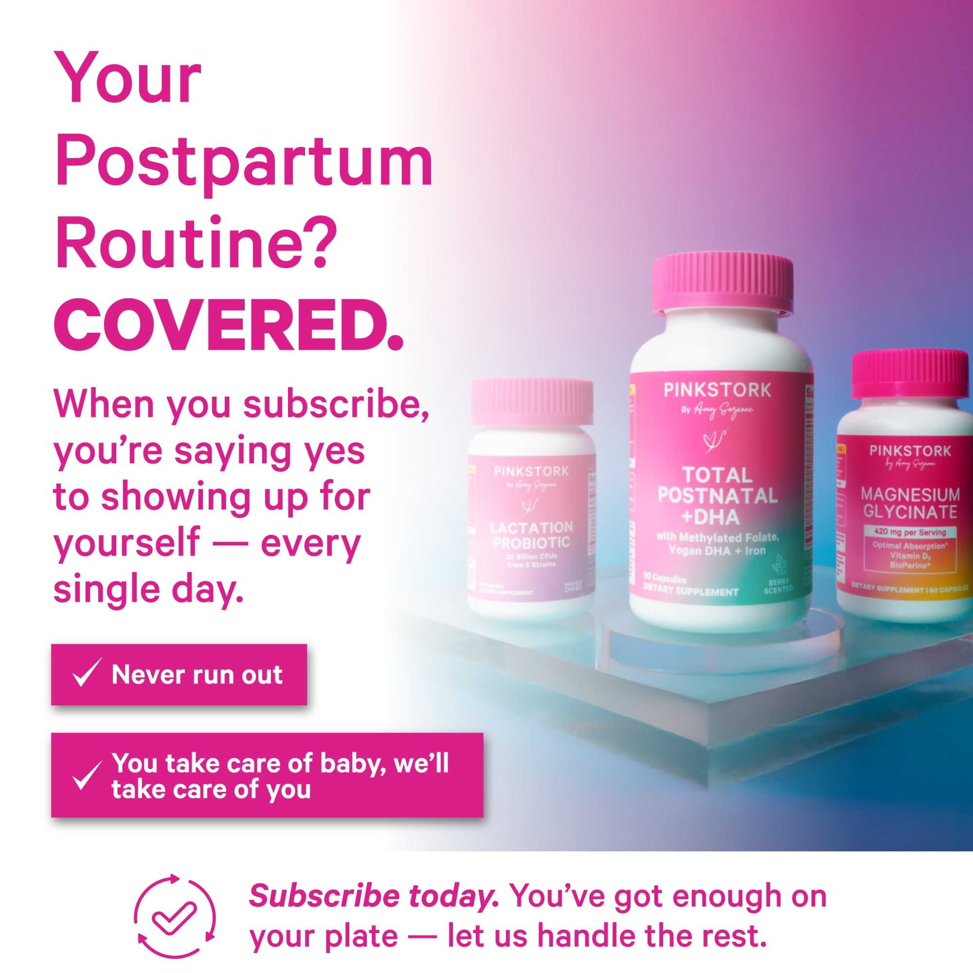 Pink Stork Postnatal Multivitamin for Breastfeeding Moms, 60ct - Vegan DHA, Iron, Folate, and Vitamin B12