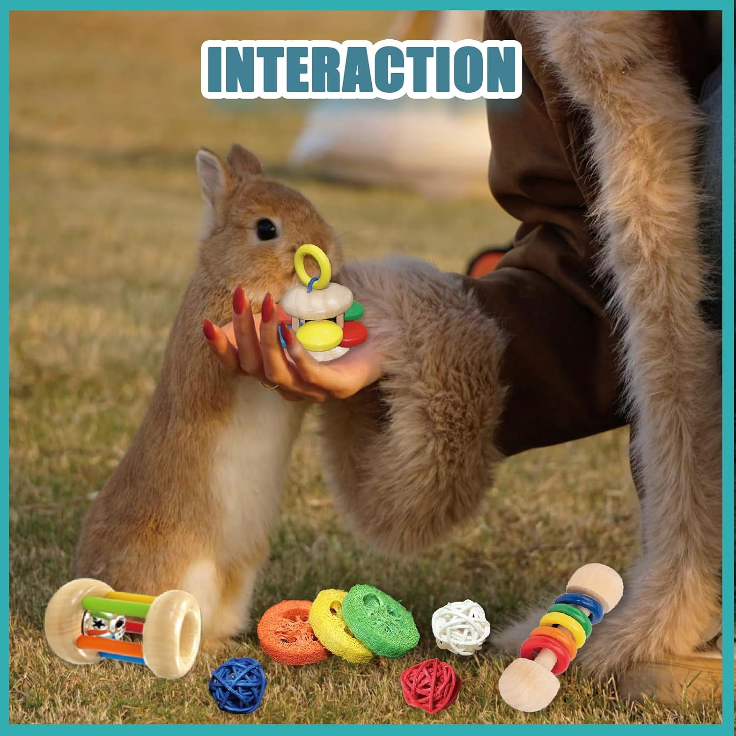 9PCS Wooden Bunny Toys,Safe Rabbit & Guinea Pigs Teeth Grinding Toy for Chinchillas, Hamsters & Small Animals - Indoor & Outdoor