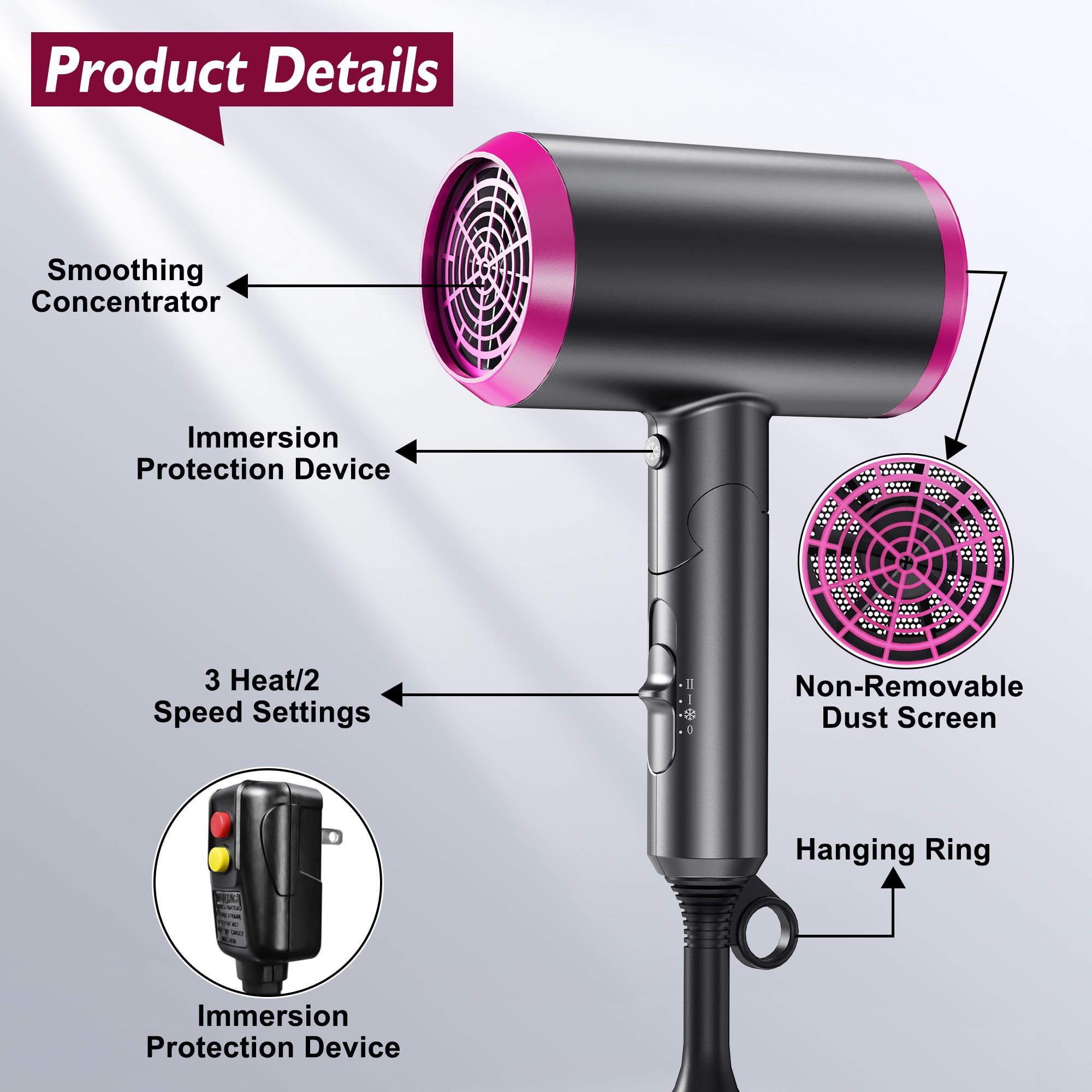 VIIWII 2000W Ionic Hair Dryer, Foldable Travel Blow Dryer with Diffuser & Concentrator, Fast Drying, Lightweight, Low Noise for All Hair Types