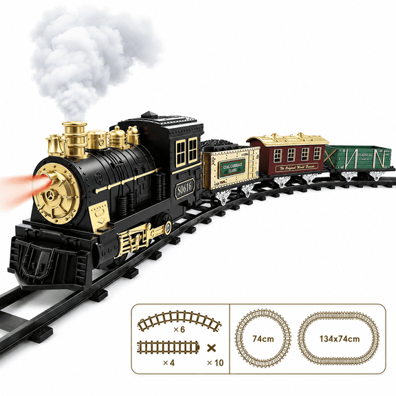Train Toy Set – Locomotive with Light, Sound, and Spray Effect, 3 Cargo Cars & Track Pieces, Electric Railway for Kids (Batteries Not Included)