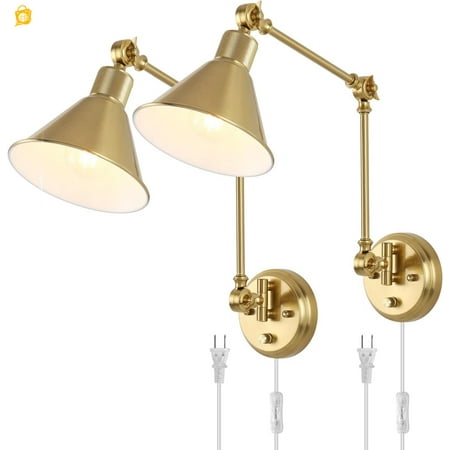 

Wall Sconces Plug in Dimmable Wall Sconce Brushed Brass Swing Arm Wall Lights Plug in Wall Mounted Light Industrial Wall Lights with 6FT Plug in Cord E26 Base UL Listed(Set of 2)
