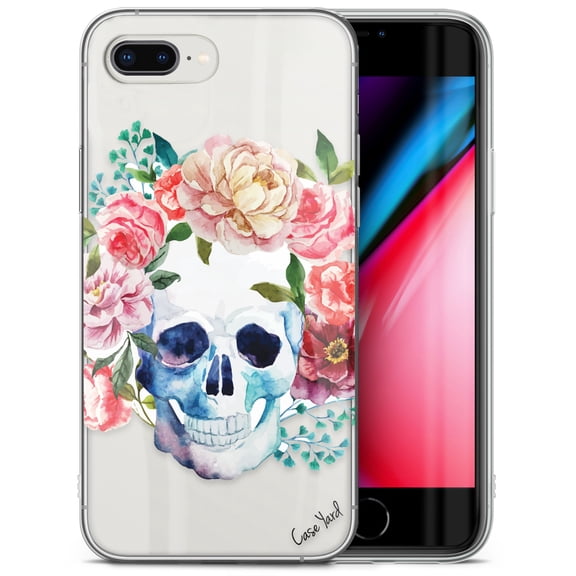 Case Yard iPhone-8-Plus Case Clear Soft & Flexible TPU Ultra Low Profile Slim Fit Thin Shockproof Transparent Bumper Protective Cover Drop Protective Cell Phone Cases (Skull Floral)