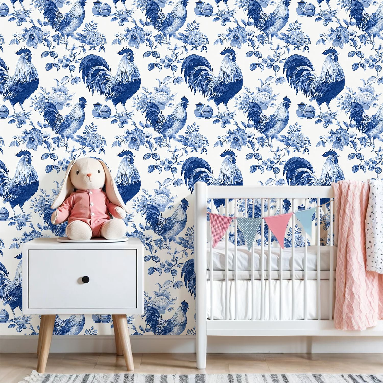 Chicken Peel and Stick Wallpaper Roosters Chickens Blue White Toile Floral Wall Mural 23.6in x 9.8ft Self Adhesive Removable Wall Paper Renter Friendly Wallpaper for Nursery Bedroom Cabinets