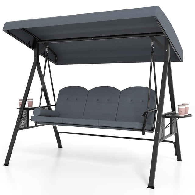 Gymax 3-Seat Patio Swing Chair w/ Adjustable Canopy Thickened Cushions Pillow Outdooor Gray