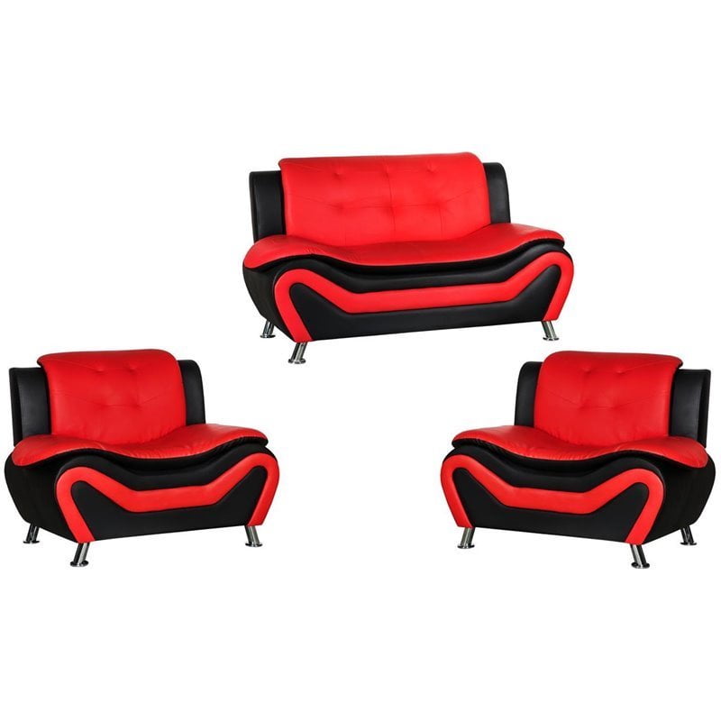 Kingway Furniture Gilan Faux Leather 3 PC Loveseat and 2 Chair Set in Black/Red 