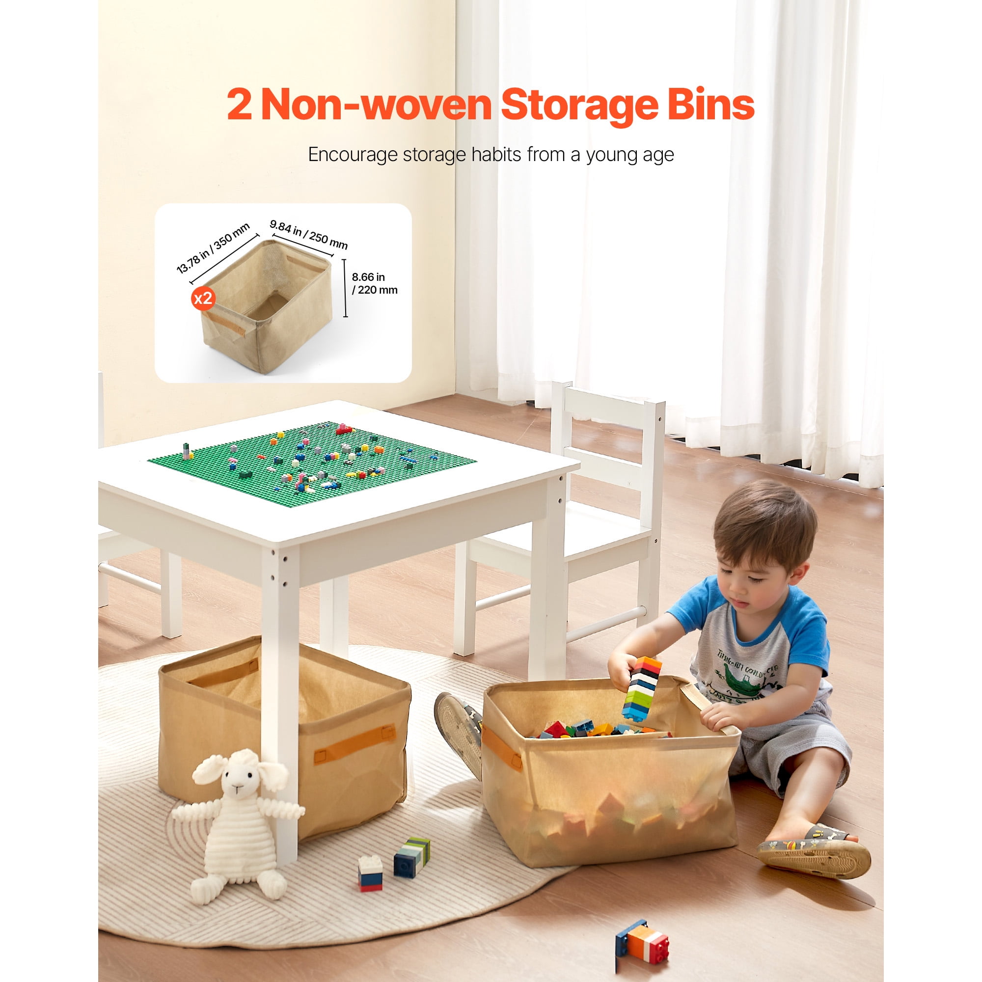 KFFKFF Kids Activity Table and 2 Chairs Set, Double-Sided Building Block Tabletop, Toddler Table and Chair Set with Storage Compartments for Ages 3+, Spacious Design, Gift for Boys and Girls, White