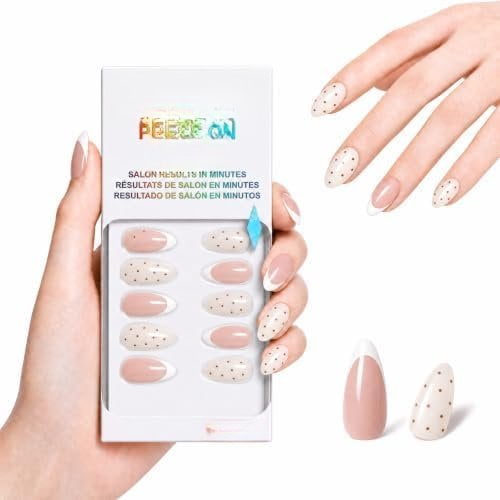 Press Nails, Short Almond Tip Polka Dot Nails Kit, Glossy Gel Finish, Mix Design ABS, 24 count 12 Sizes, Glue Nails for Women Girls Party Daily