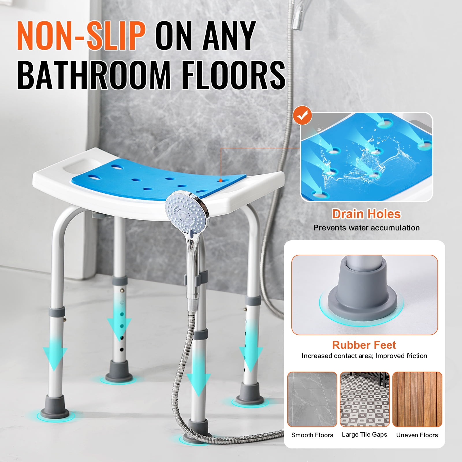VEVOR Shower Chair, Adjustable Height Shower Stool, Shower Seat for Inside Shower or Tub, 350 LBS Capacity