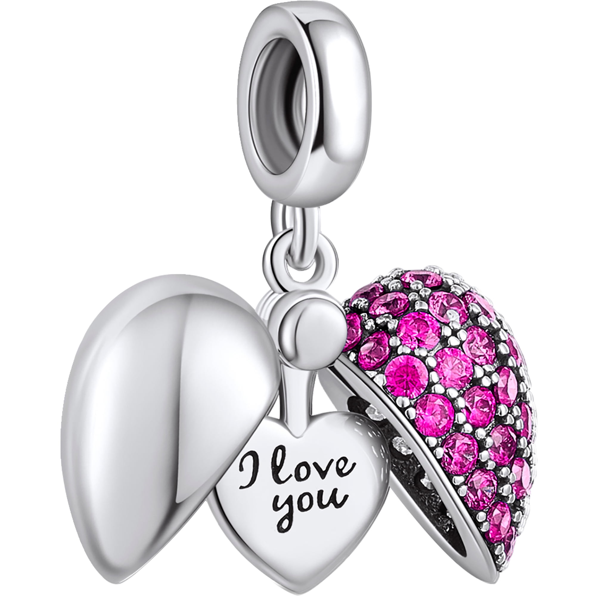 NINGAN “I Love You” Light Purple Love Heart Dange Charm 925 Sterling Silver  Pendant Beads fit Pandora Bracelets  Necklaces, Birthday Gift for Women  girls