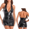 thumbnail image 3 of Vestido ajustado de látex brillante para mujer, sexy, disfraz de policía, de charol, con cuello en V, sin espalda, con cremallera frontal y cinturón, 3 of 5
