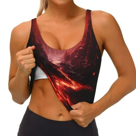 Qokaie Red Moon Lava Pattern Womens Scoop Neck Sports Bra Breathable Workout Vest Padded U Back Medium Impact Fitness Gym Yoga Bra Workout Crop Top