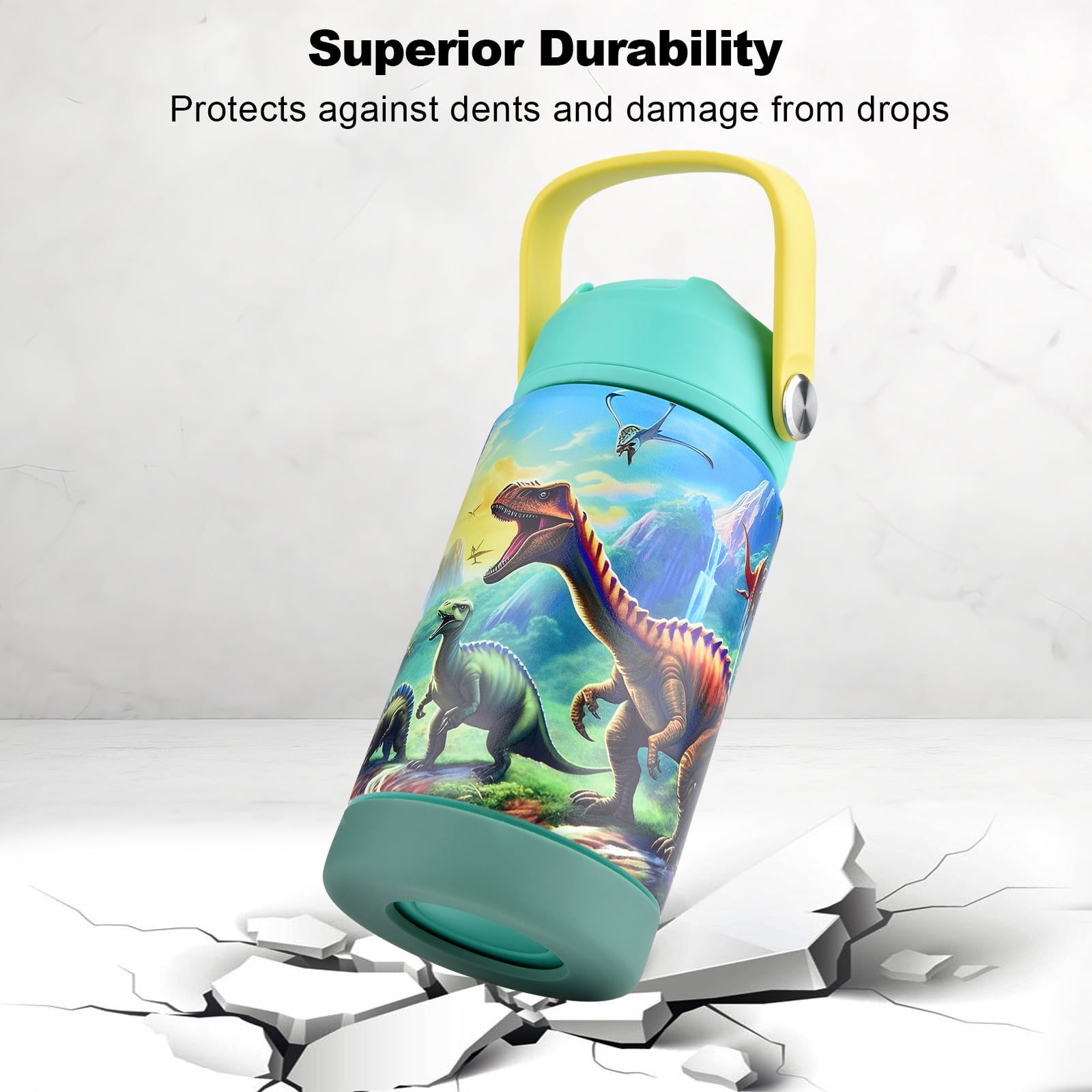 CaseTown 12oz Kids Insulated Water Bottle, Leak-proof Toddler Cup With Straws Lids, Kids Water Bottles For School Boys Girls, Stainless Steel Vacuum Insulated Bottle For Kids (Dinosaur)