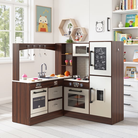 Corner Kitchen Playset for Aspiring Chefs, Wooden Toy Kitchen with Sound, Light, Microwave and Artwork Blackboard, All-in-One Creative Gift for Toddlers 3 