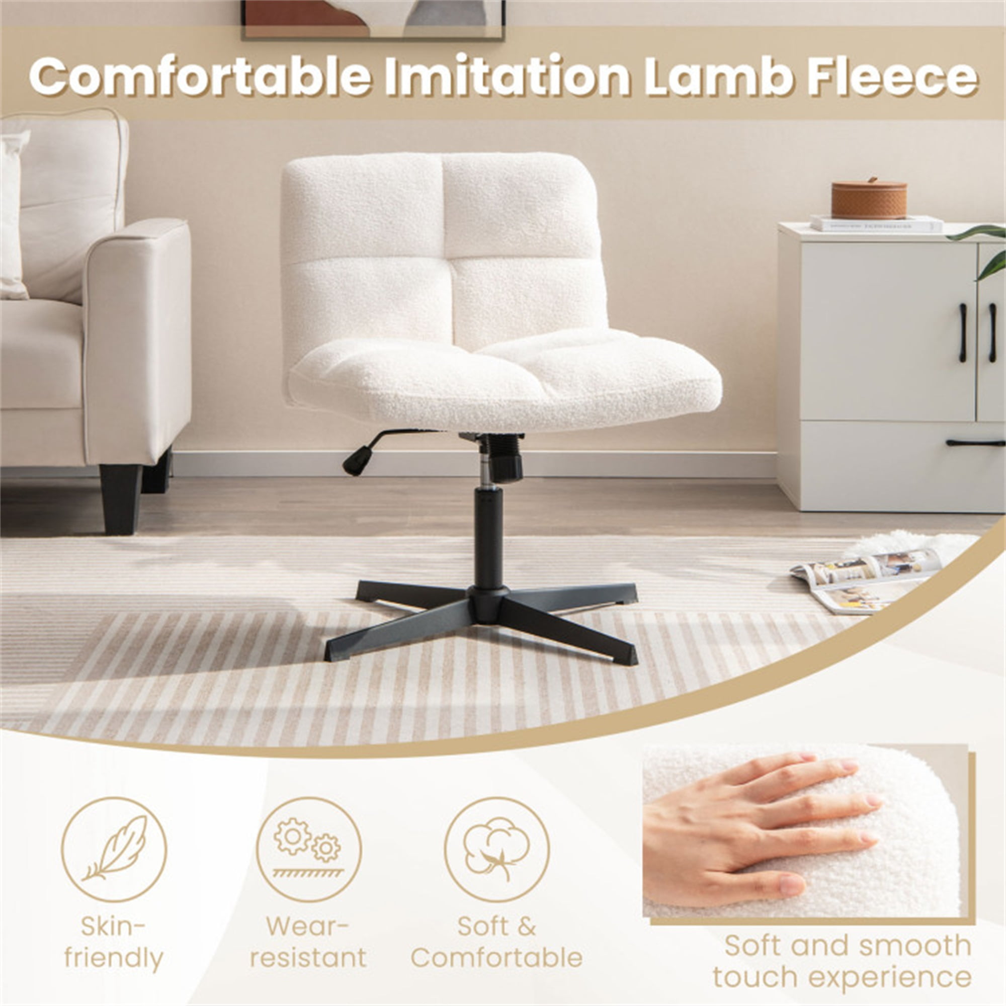 Demi Bonn Office Armless Chair Cross Legged with Imitation Lamb Fleece and Adjustable Height, for Home, Bedroom, Study, Beige