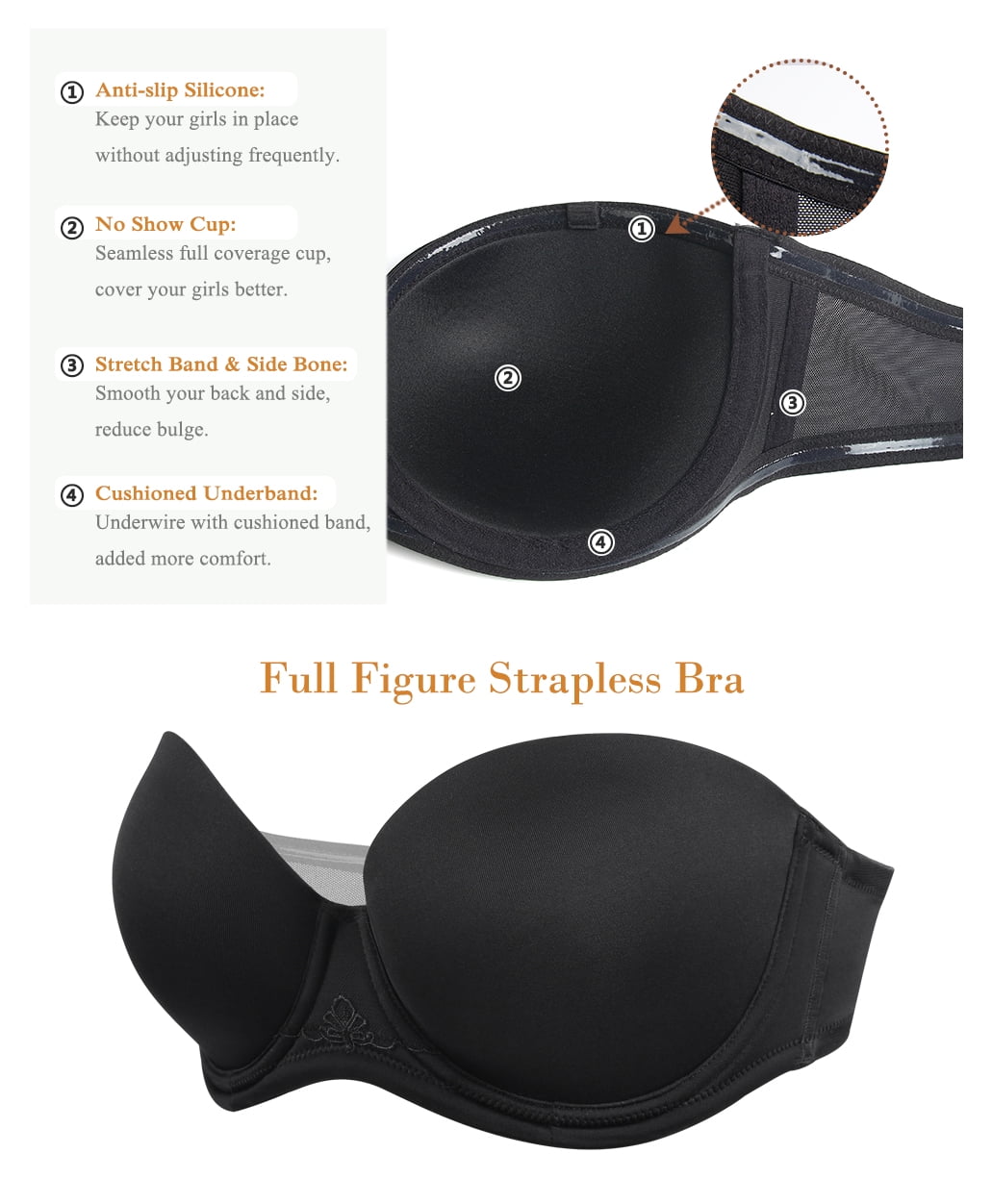 Exerin Women's Strapless Bras Full Coverage Underwire Multiway Convertible Plus Size Bra(36DDD,Black)