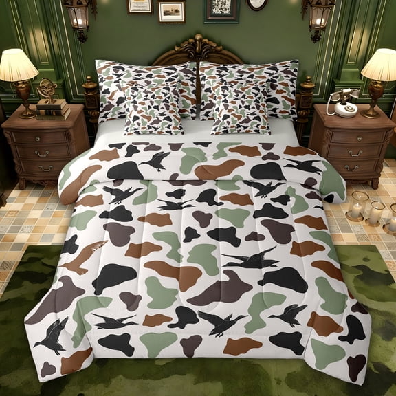 jejeloiu Wild Mallard Duck 7-Piece Twin Bedding Sets,Gray Green Brown Bedding Comforter Set For Kids Reversible