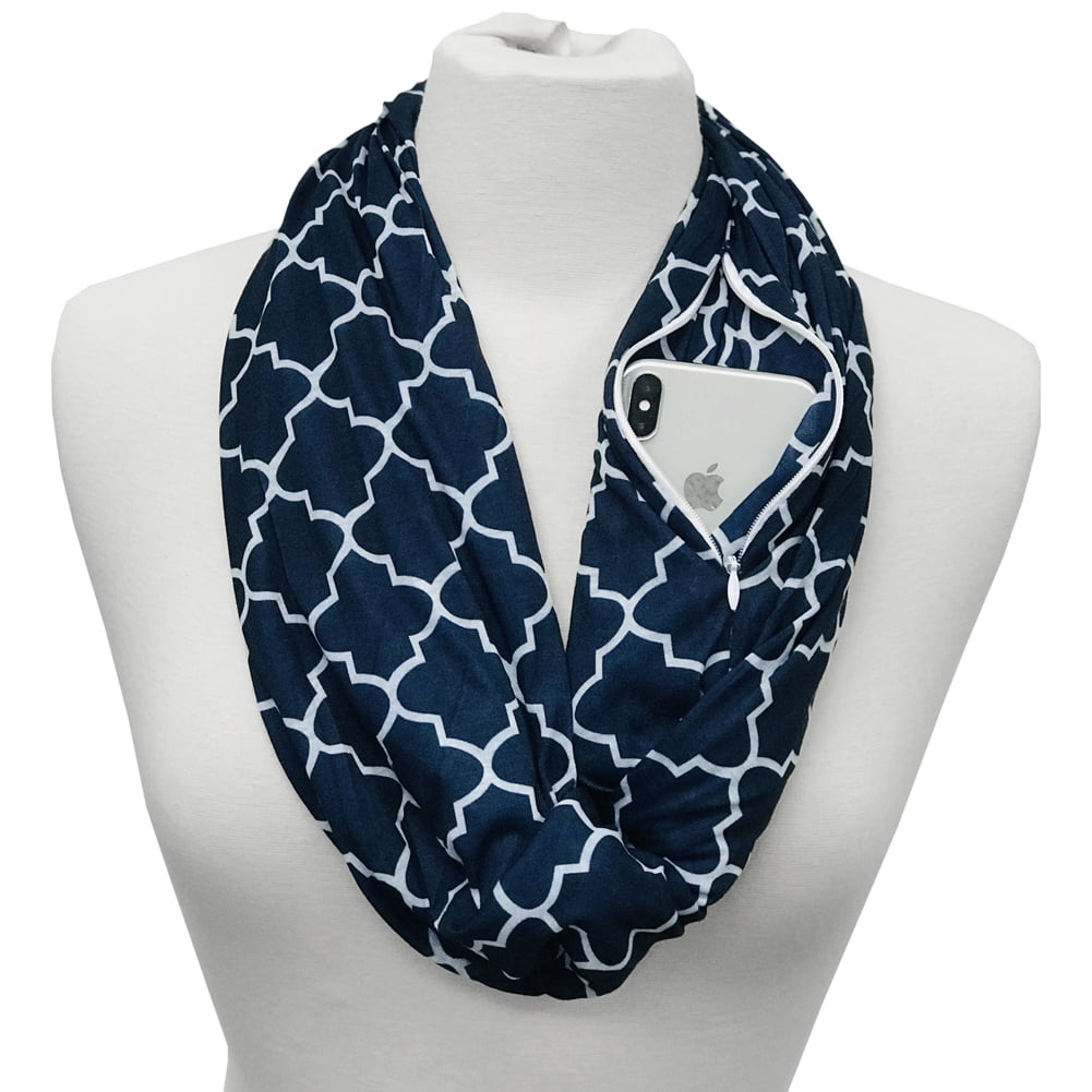 Pop Fashion Womens Infinity Scarf with Zipper Pocket & Pattern Print Navy