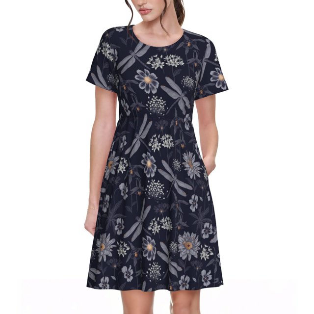 Balery Wildflowers And Dragonflies Vestidos sueltos de manga corta para mujer, vestidos de verano 2025, vestidos casuales de corte A con vuelo.