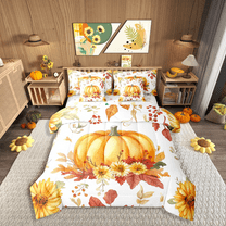 Manfei Floral Pumpkin Bedding Sets Twin Size,Thanksgiving Day Comforter Sets with Sheets,Autumn Harvest Bed in a Bag Twin size,Super Cozy Flower Room Decoration,Reversible,7-Piece