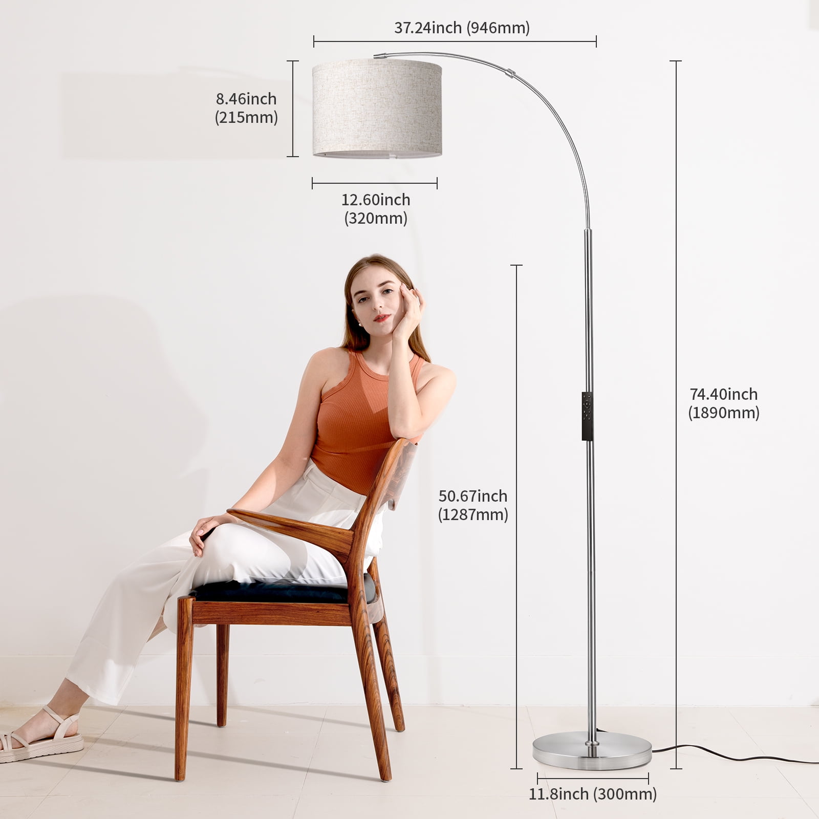 SUNMORY Arc Floor Lamp with Remote, Modern Floor Lamp with Stepless Dimmer, Tall Lamp with Hanging Drum Shade, Iron, Silver