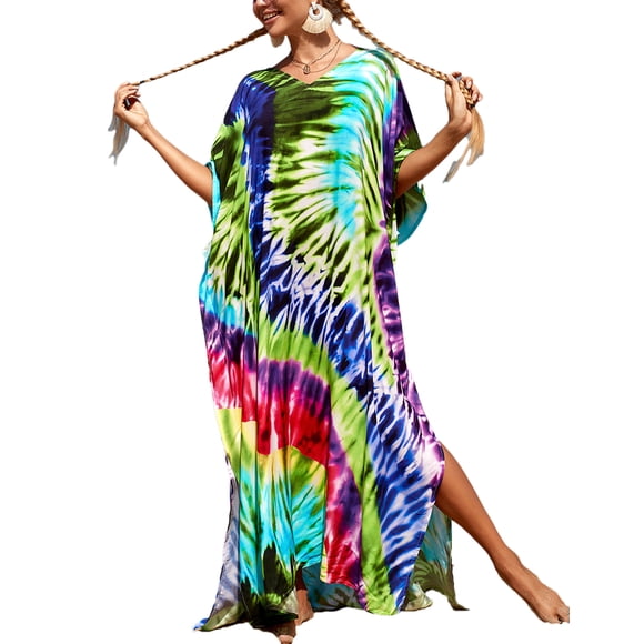 Bsubseach Paréo de Maillot de Bain Coloré Caftan Robe de Plage pour Femmes Longue Paréo de Bikini Grande Taille