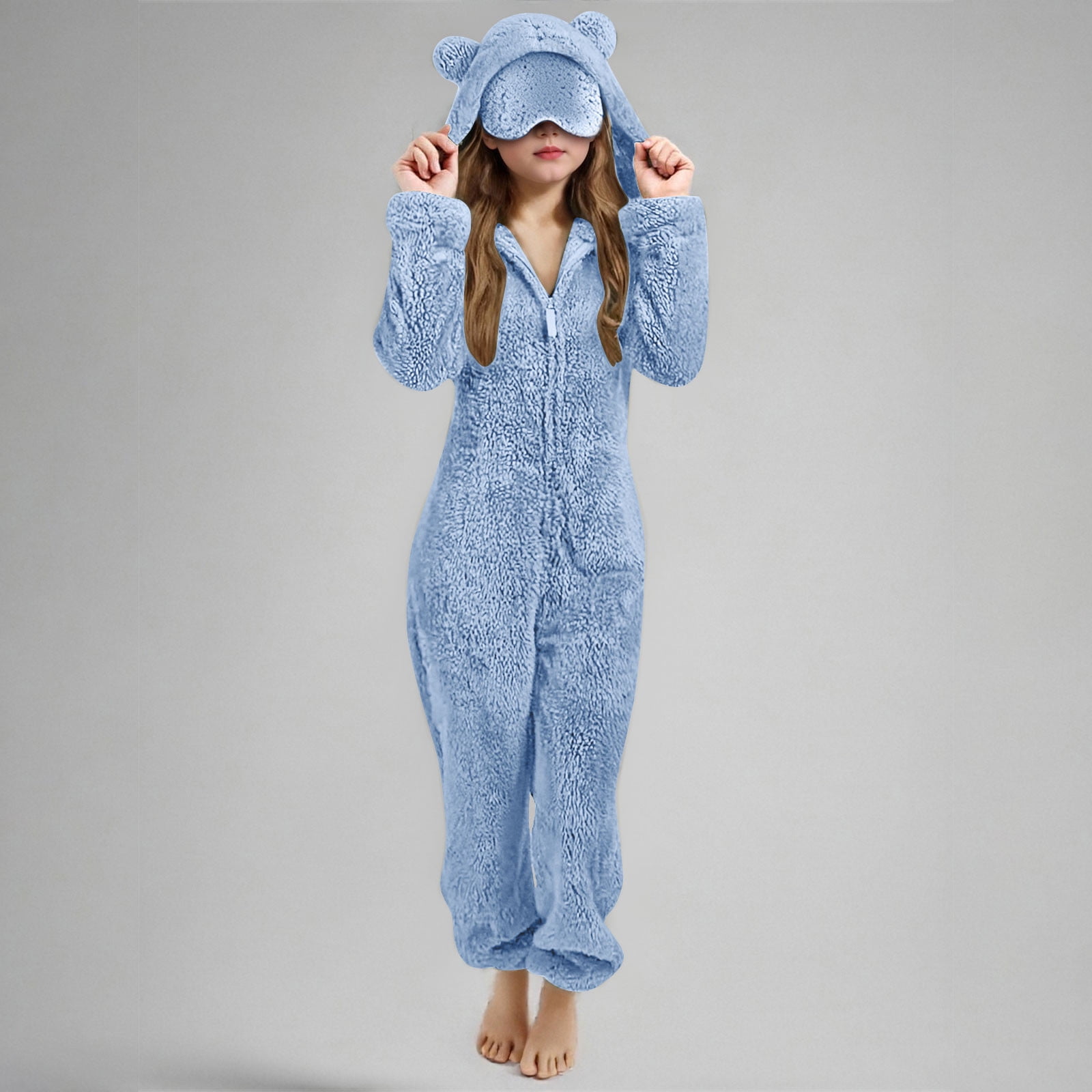 nerohusy Girls Fleece Zip Up Jumpsuits with Eye Mask Built In Kids Cat Ears Hooded Rompers Cozy Fuzzy Cute Animal Onesie Winter Warm Zipper Playsuit Blue,11 Years