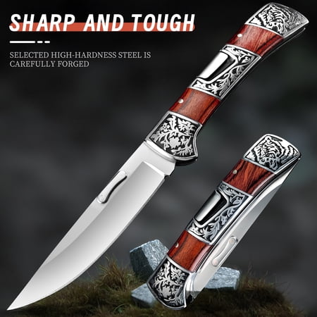 Men s Pocket Knife with Clip-Stainless Steel Ornate Handle Design Ideal for Outdoor Survival Camping & Hunting-Available in Red Outdoor Survival Gear|Decorative Pocket Knife|Intricate Pattern