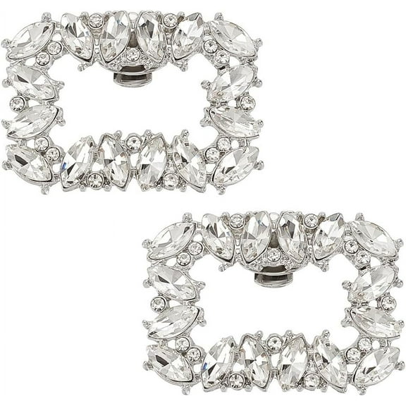 2Pcs Shoe Buckle White Rhinestone Shoe Buckle 1.5x1.9 Inch Shoe Clips with Detachable Alloy Buckle Clip for Women Wedding Party Shoe Jewelry Accessories Silver