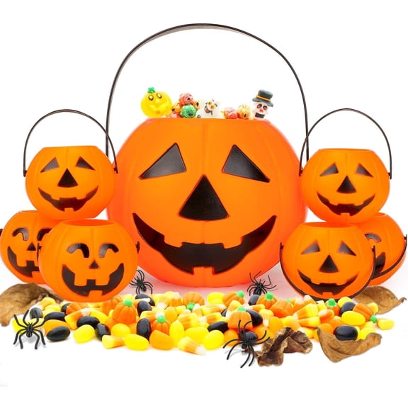 7 Pack Halloween Pumpkin Buckets, 1 Large and 6 Small Trick or Treat Plastic Pumpkin Candy Pail, Halloween Treat Bucket Halloween Decorations