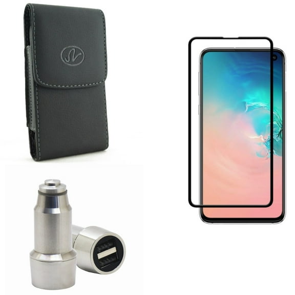 Galaxy S10e Screen Protector w Case Belt Clip w Car Charger - Tempered Glass 5D Curved Edge, Leather Holster Cover, 3.1A 2-Port USB Power for Samsung Galaxy S10e Phone