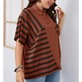 thumbnail image 3 of Camisa de manga corta para mujer, jersey con bloques de Color a rayas y cuello vuelto con botones 1/4, camiseta holgada para mujer, Top para verano, marrón claro XXL, 3 of 6