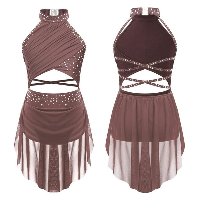 TiaoBug Robe de Danse Lyrique pour Filles Jupe Asymétrique à Sequins Col Licou Justaucorps de Patinage Artistique Robe Rose Poudré 10