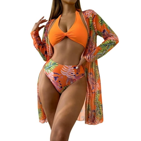 QYZEU Swimsuits for Women 2024 Bikini High Waist Bikini Underwear Three Piece Swimsuit Set Printed Mesh Cover Up Beach Swimsuit Breathable Lightweight Swimwear Orange M