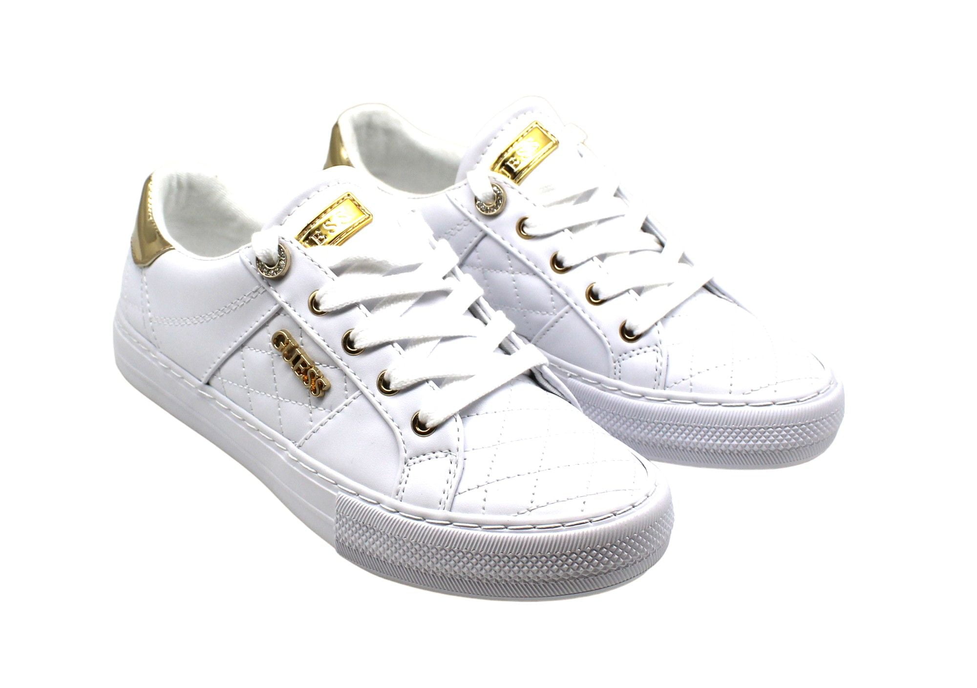 Women s GUESS Loven Quilted Lace Up Casual Low Top Sneakers White 8 Walmart