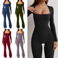 thumbnail image 5 of Women Bodycon Jumpsuit Long Square Neck Slim Fit Flared Pants Romper Playsuit, 5 of 5