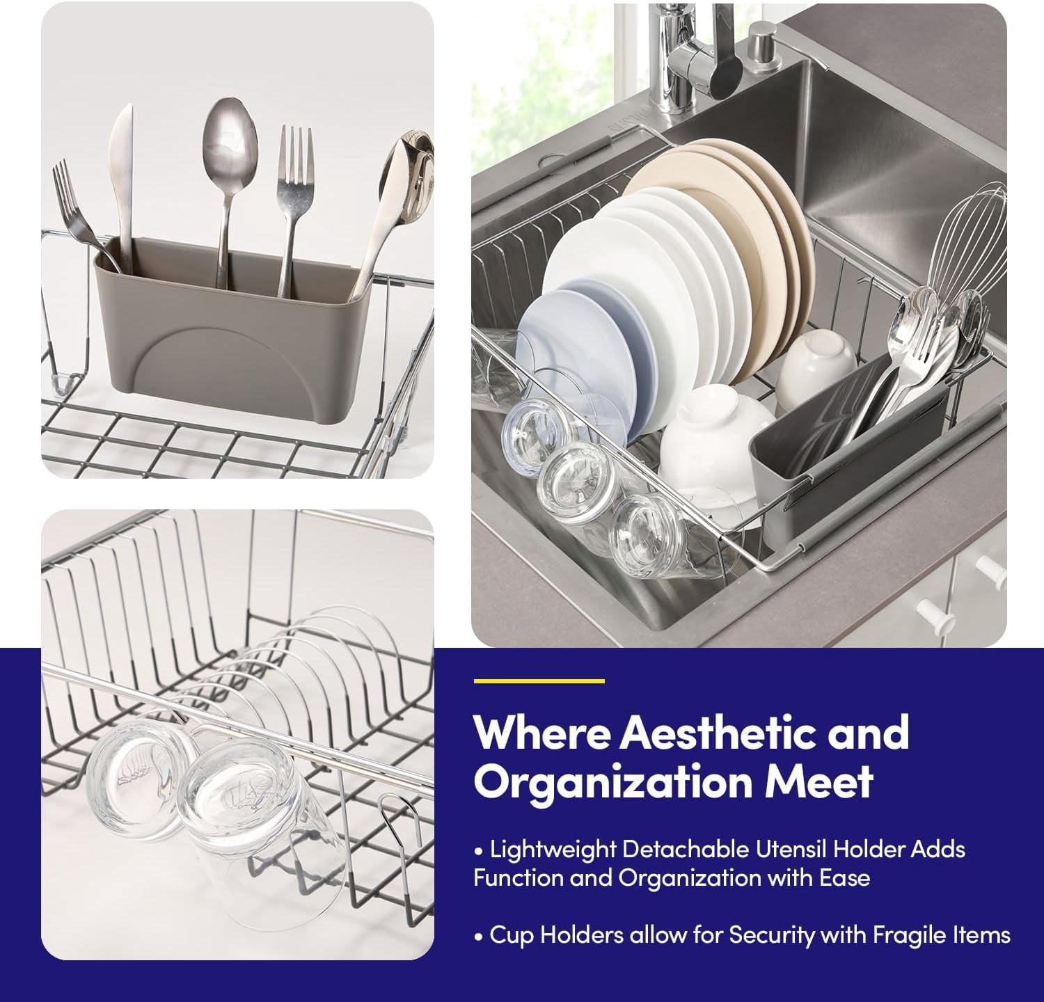 Dish Drying Rack Over The Sink Expandable to 24.5" Dish Drainer — Space-Saving Rectangular Kitchen Extending Drying Station with Utensil Holder, Fits Most Sinks for Easy Dish Organization, Gray