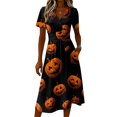 thumbnail image 4 of Womens Halloween Dress Pumpkin V Neck Bat Casual Wedding Guest Dress Skeleton Short Sleeve Funny Wrap Dresses 2XL, 4 of 5