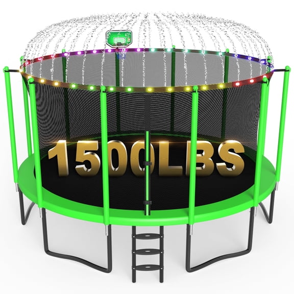 XMIKA 15FT 16FT Trampolines for 8-9 Kids Adults, 1500LBS Trampoline with Enclosure Net, Basketball Hoop, Ladder, Lights and Sprinklers, Outdoor Round Recreational Trampolines, Easy to Install