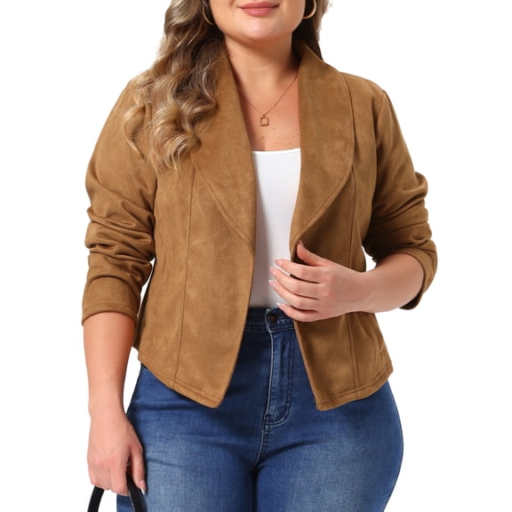 Agnes Orinda Women's Plus Size Halloween Outfits Faux Suede Jacket Lapel Open Front Long Sleeve Casual Vintage Cropped Coat with Pockets 4X Brown