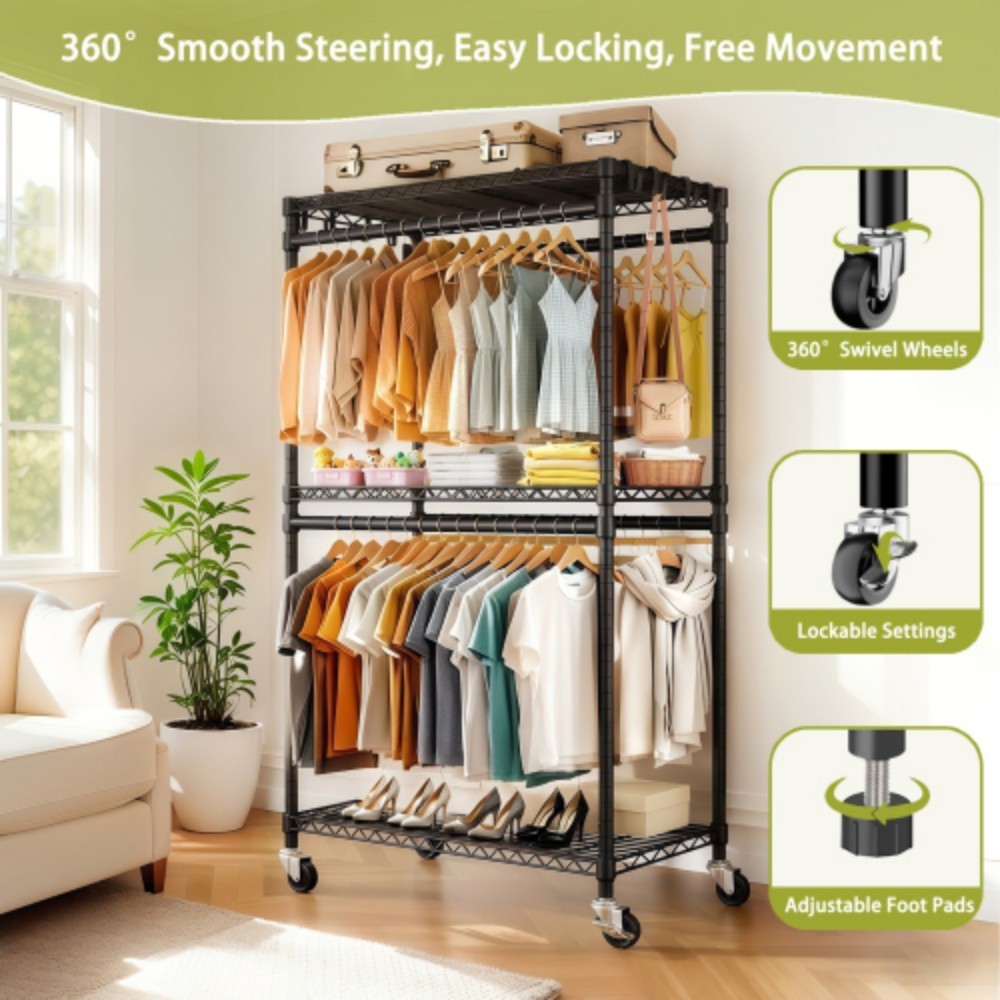Rolling Clothes Rack, Heavy Duty Garment Rack with Wheels, 3-Tier Adjustable Wire Shelving, 2 Clothes Rails & Side Hooks, Portable Closet Organizer, Black