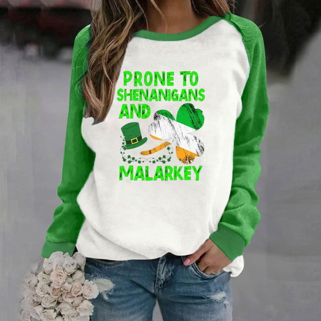 Chemises pour Femmes Décontractées à Manches Longues, Col Rond, Hauts Amples, Blouse Imprimée, Chandail en Molleton Graphique, Chemises pour la Saint-Patrick pour Femmes