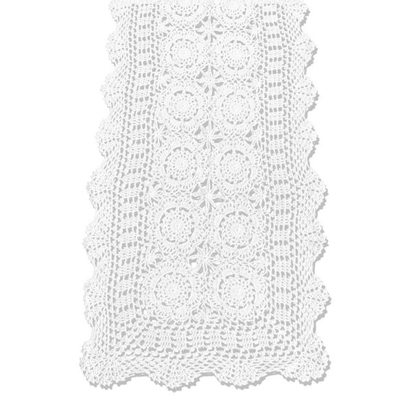 KEPSWET Cotton Handmade Crochet Lace Table Runner White Rectangle Coffee Table Dresser Decor (14x48 inch)