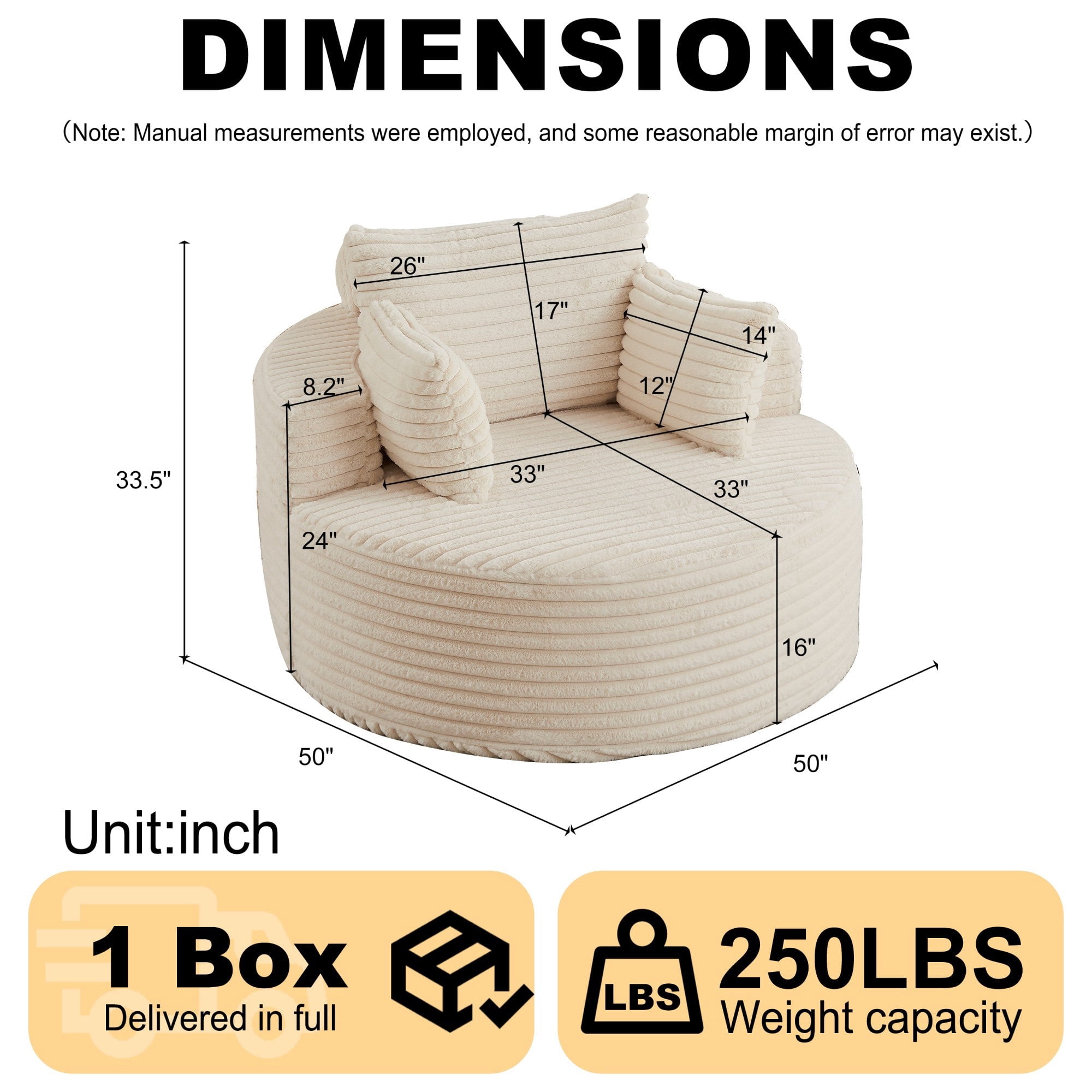 Sailvan 50" Corduroy Single Sofa, No Assembly Modern Sleeper Chair, Fluffy Cloud Lounge Recliner for Living Room and Bedroom, Grey Beige