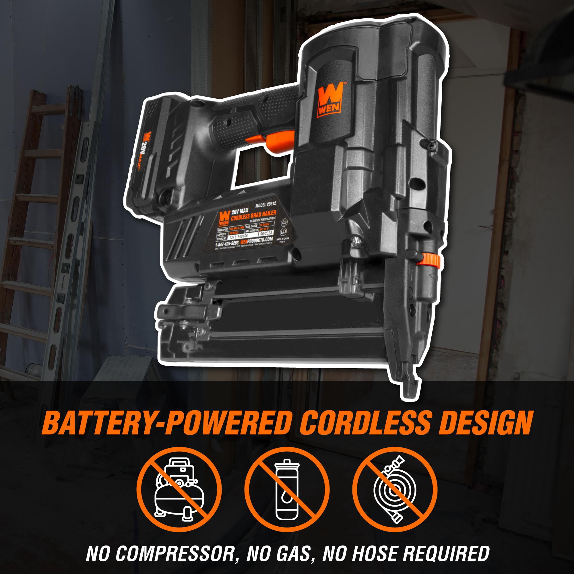 WEN 20V Max Cordless 18-Gauge Brad Nailer with 2.0Ah Battery and Charger