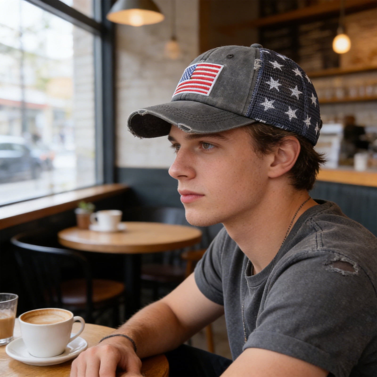 Outdoor American Flag, Fourth of July decorations, Black Iron on Patch, Acid Washed Visor, Breathable Men's Headwear, Fourth of July Accessories, Vintage Finish, Adjustable Strap,