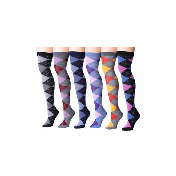 Isadora Paccini Women's 6 Pairs Bold Argyle Collection Over The Knee High Socks