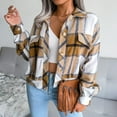 thumbnail image 3 of Defitshape Women's Long Sleeve Plaid Shirt Jacket Soft Flannel Fall Crop Top Vintage Fashion Casual Loose Short Button Down Shacket Khaki X-Large, 3 of 5